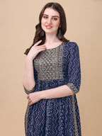 Nayra Cut Bandhani Printed & Embroidered Kurta With Pant & Dupatta Set, Multicolor - Hiral Fashion