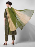 Nayra Cut Bandhani Printed & Embroidered Green Kurta With Pant & Dupatta Set, Multicolor - Hiral Fashion