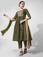Nayra Cut Bandhani Printed & Embroidered Green Kurta With Pant & Dupatta Set, Multicolor - Hiral Fashion