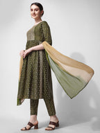 Nayra Cut Bandhani Printed & Embroidered Green Kurta With Pant & Dupatta Set, Multicolor - Hiral Fashion
