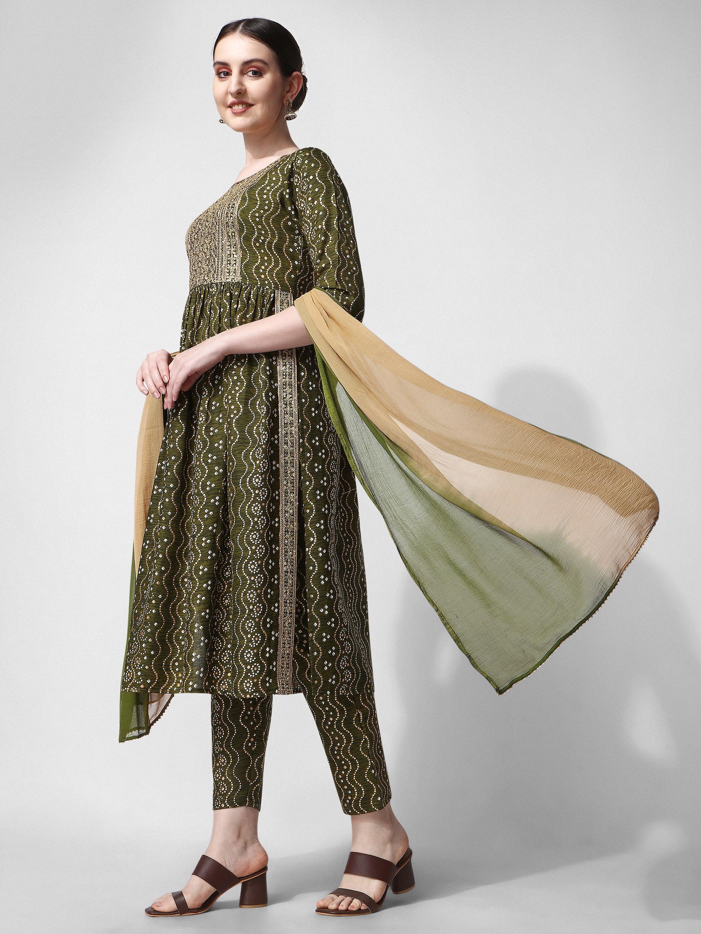 Nayra Cut Bandhani Printed & Embroidered Green Kurta With Pant & Dupatta Set, Multicolor - Hiral Fashion