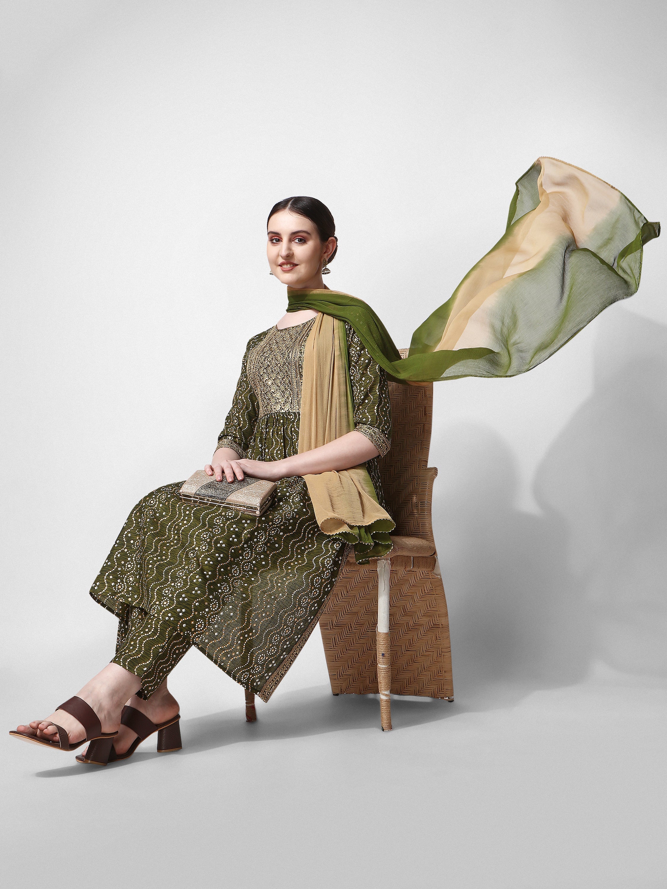 Nayra Cut Bandhani Printed & Embroidered Green Kurta With Pant & Dupatta Set, Multicolor - Hiral Fashion