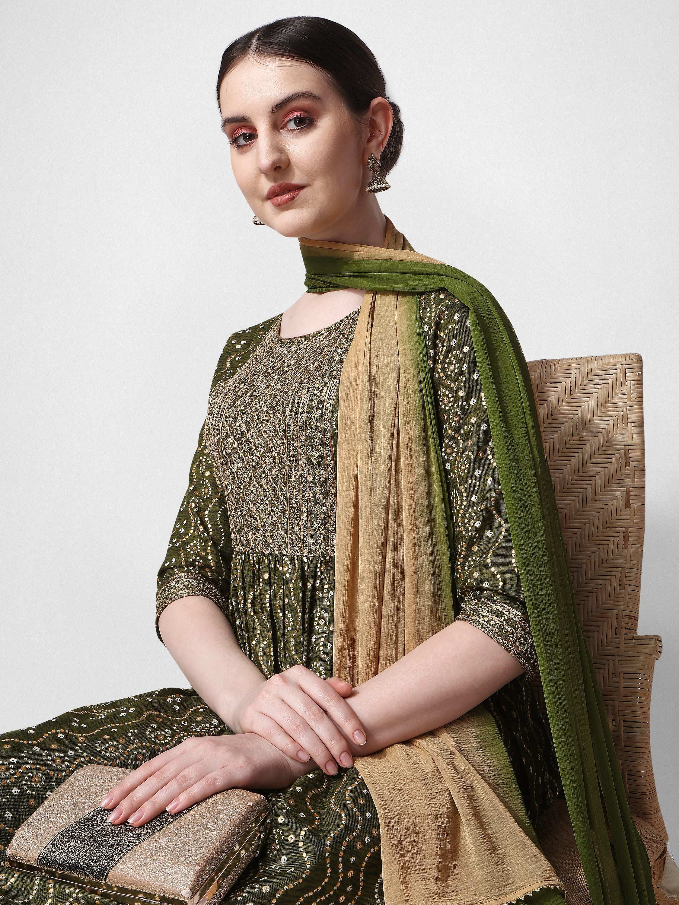 Nayra Cut Bandhani Printed & Embroidered Green Kurta With Pant & Dupatta Set, Multicolor - Hiral Fashion