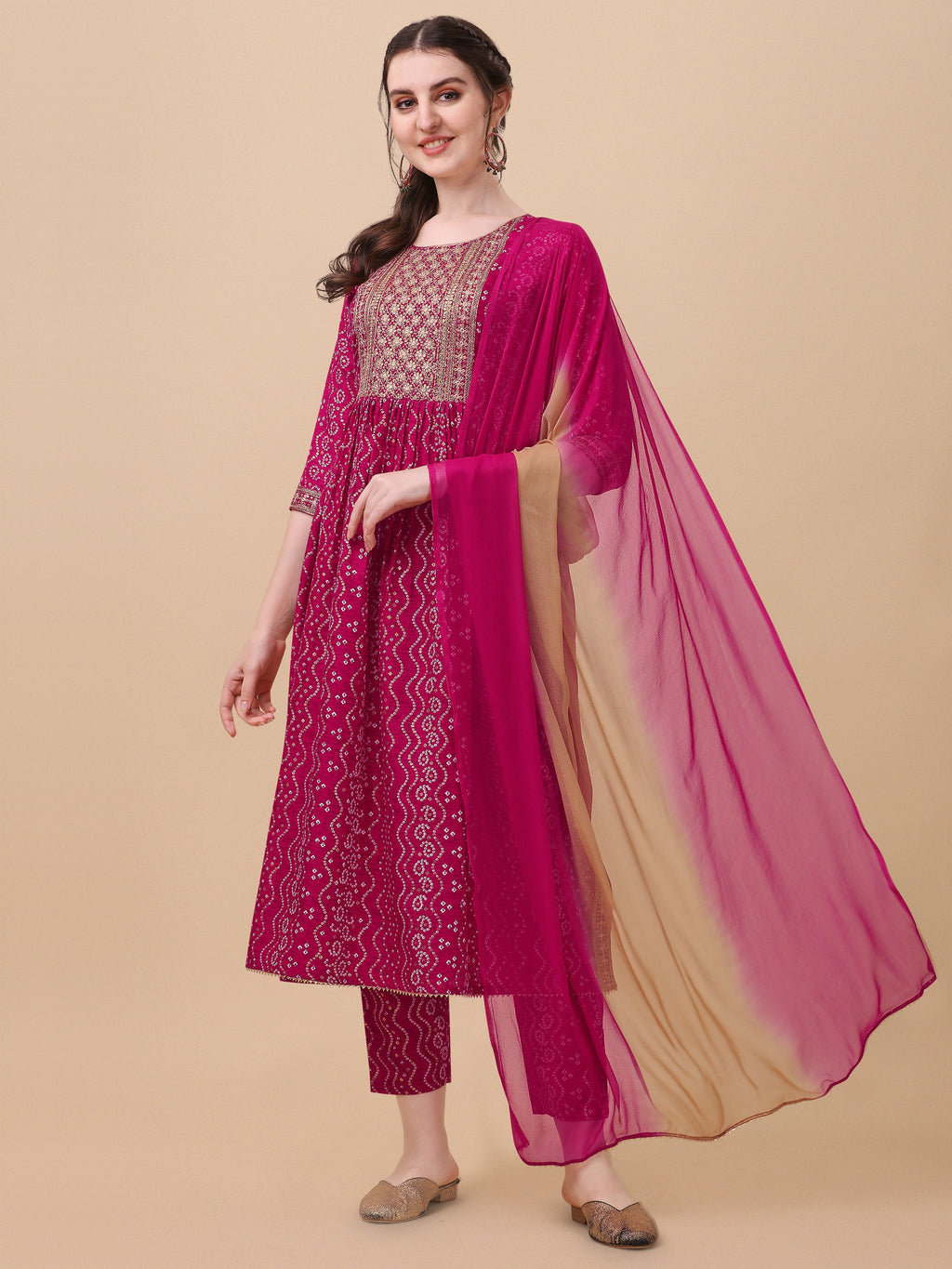 Nayra Cut Bandhani Printed & Embroidered Pink Kurta With Pant & Dupatta Set, Multicolor - Hiral Fashion