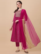 Nayra Cut Bandhani Printed & Embroidered Pink Kurta With Pant & Dupatta Set, Multicolor - Hiral Fashion