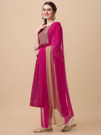 Nayra Cut Bandhani Printed & Embroidered Pink Kurta With Pant & Dupatta Set, Multicolor - Hiral Fashion