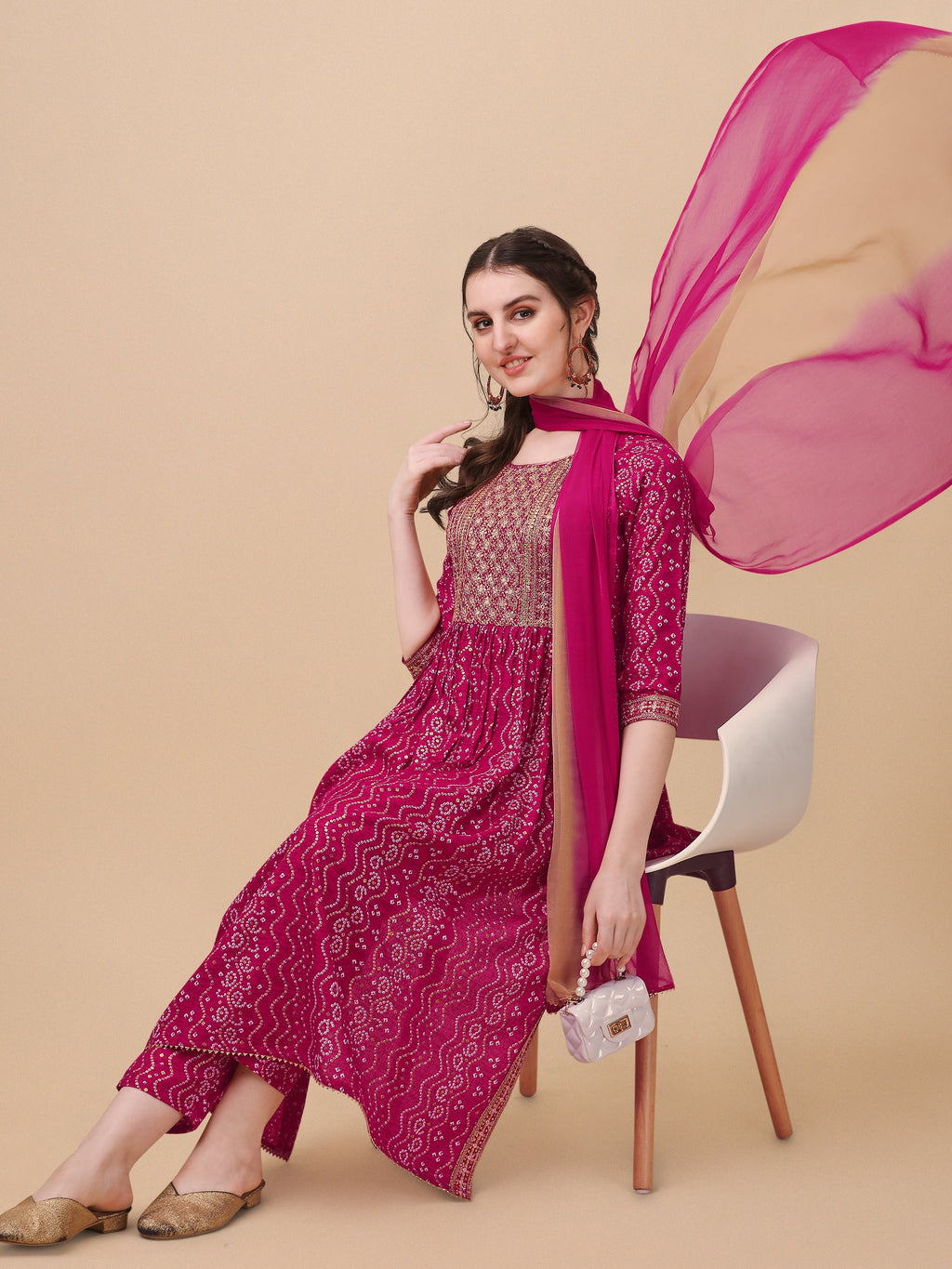 Nayra Cut Bandhani Printed & Embroidered Pink Kurta With Pant & Dupatta Set, Multicolor - Hiral Fashion