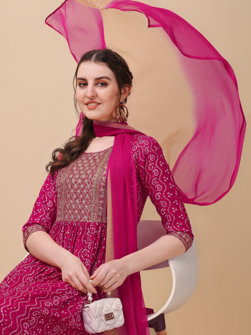 Nayra Cut Bandhani Printed & Embroidered Pink Kurta With Pant & Dupatta Set, Multicolor - Hiral Fashion