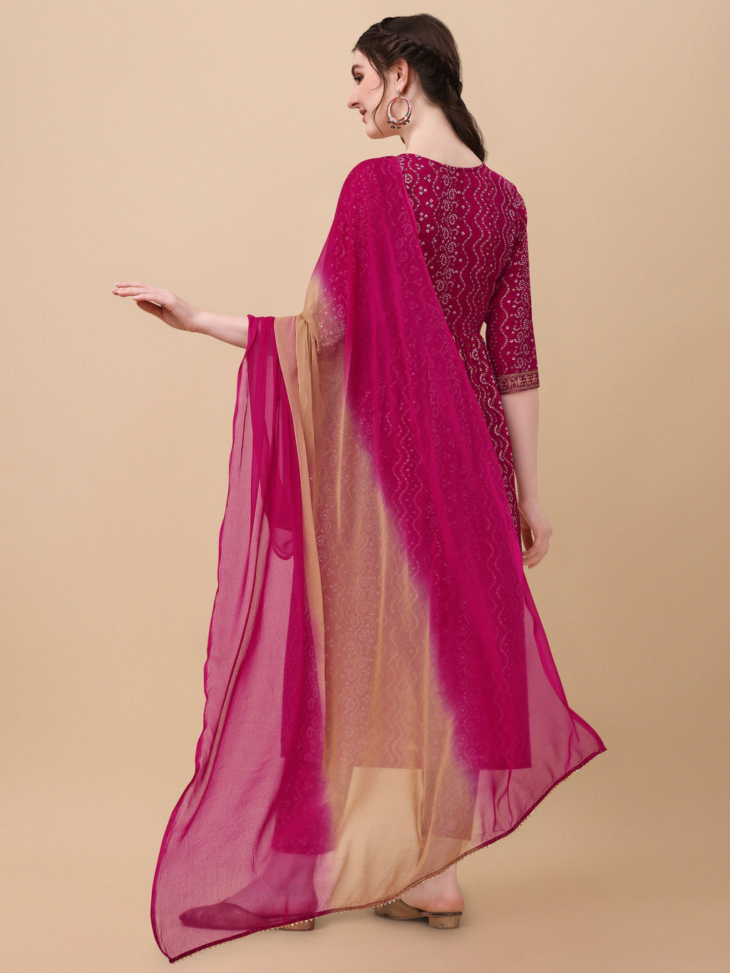 Nayra Cut Bandhani Printed & Embroidered Pink Kurta With Pant & Dupatta Set, Multicolor - Hiral Fashion