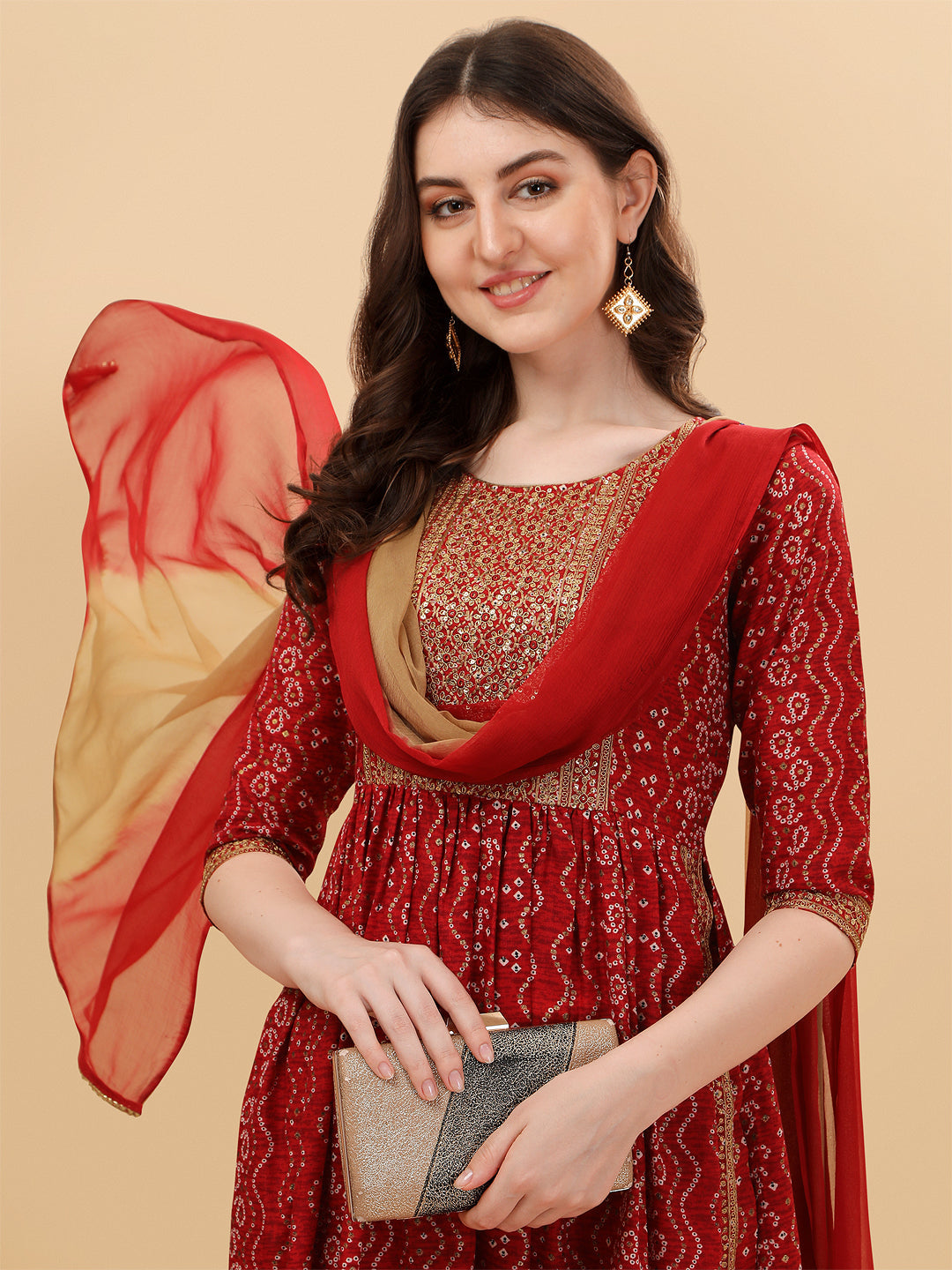 Nayra Cut Bandhani Printed & Embroidered Kurta With Pant & Dupatta Set, Multicolor - Hiral Fashion - Distacart