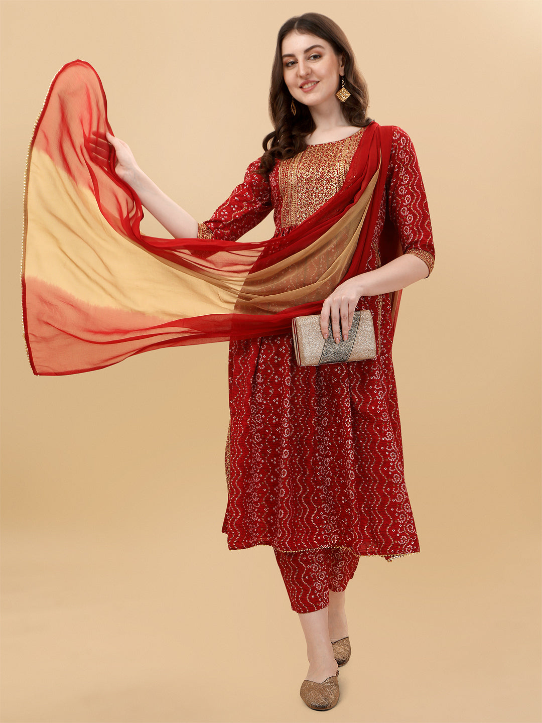 Nayra Cut Bandhani Printed & Embroidered Kurta With Pant & Dupatta Set, Multicolor - Hiral Fashion - Distacart