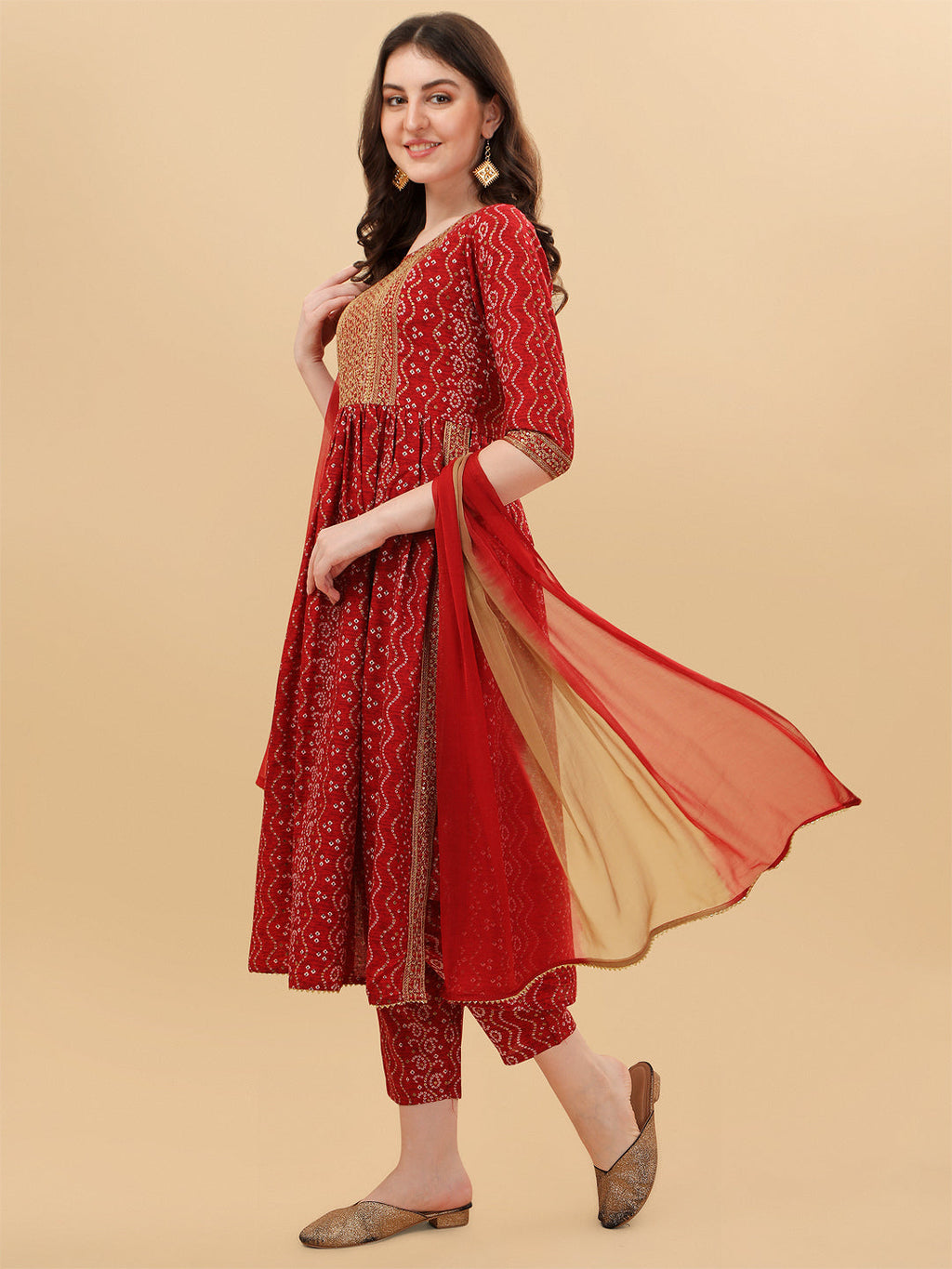 Nayra Cut Bandhani Printed & Embroidered Kurta With Pant & Dupatta Set, Multicolor - Hiral Fashion - Distacart