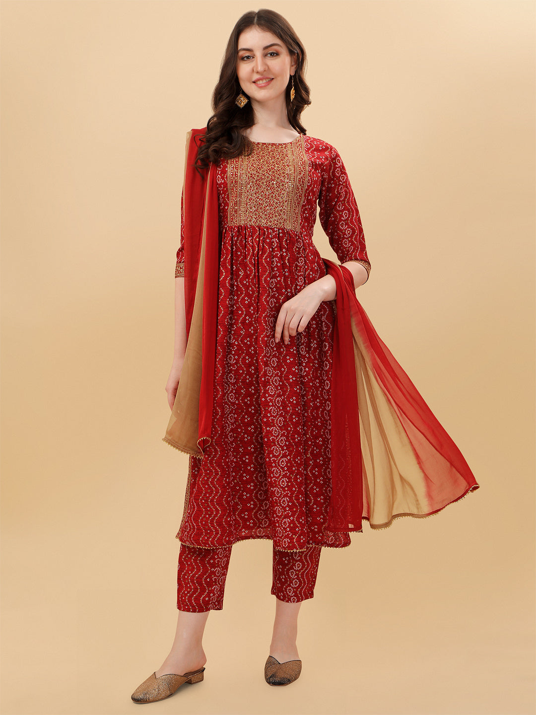 Nayra Cut Bandhani Printed & Embroidered Kurta With Pant & Dupatta Set, Multicolor - Hiral Fashion - Distacart