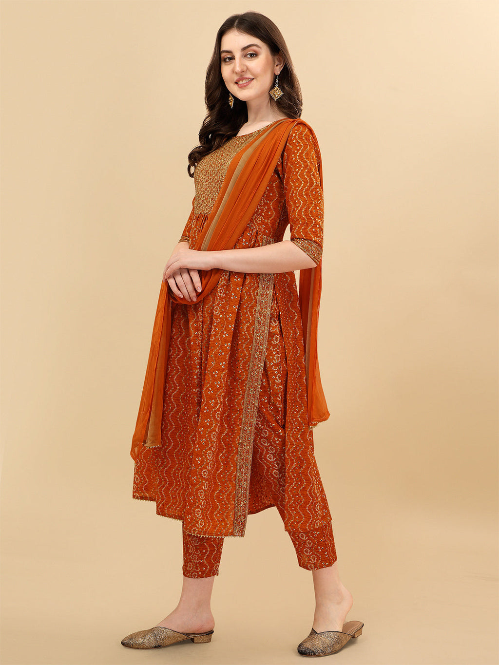 Nayra Cut Bandhani Printed & Embroidered Orange Kurta With Pant & Dupatta Set, Multicolor - Hiral Fashion
