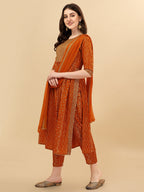 Nayra Cut Bandhani Printed & Embroidered Orange Kurta With Pant & Dupatta Set, Multicolor - Hiral Fashion