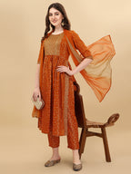 Nayra Cut Bandhani Printed & Embroidered Orange Kurta With Pant & Dupatta Set, Multicolor - Hiral Fashion