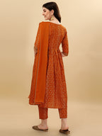 Nayra Cut Bandhani Printed & Embroidered Orange Kurta With Pant & Dupatta Set, Multicolor - Hiral Fashion