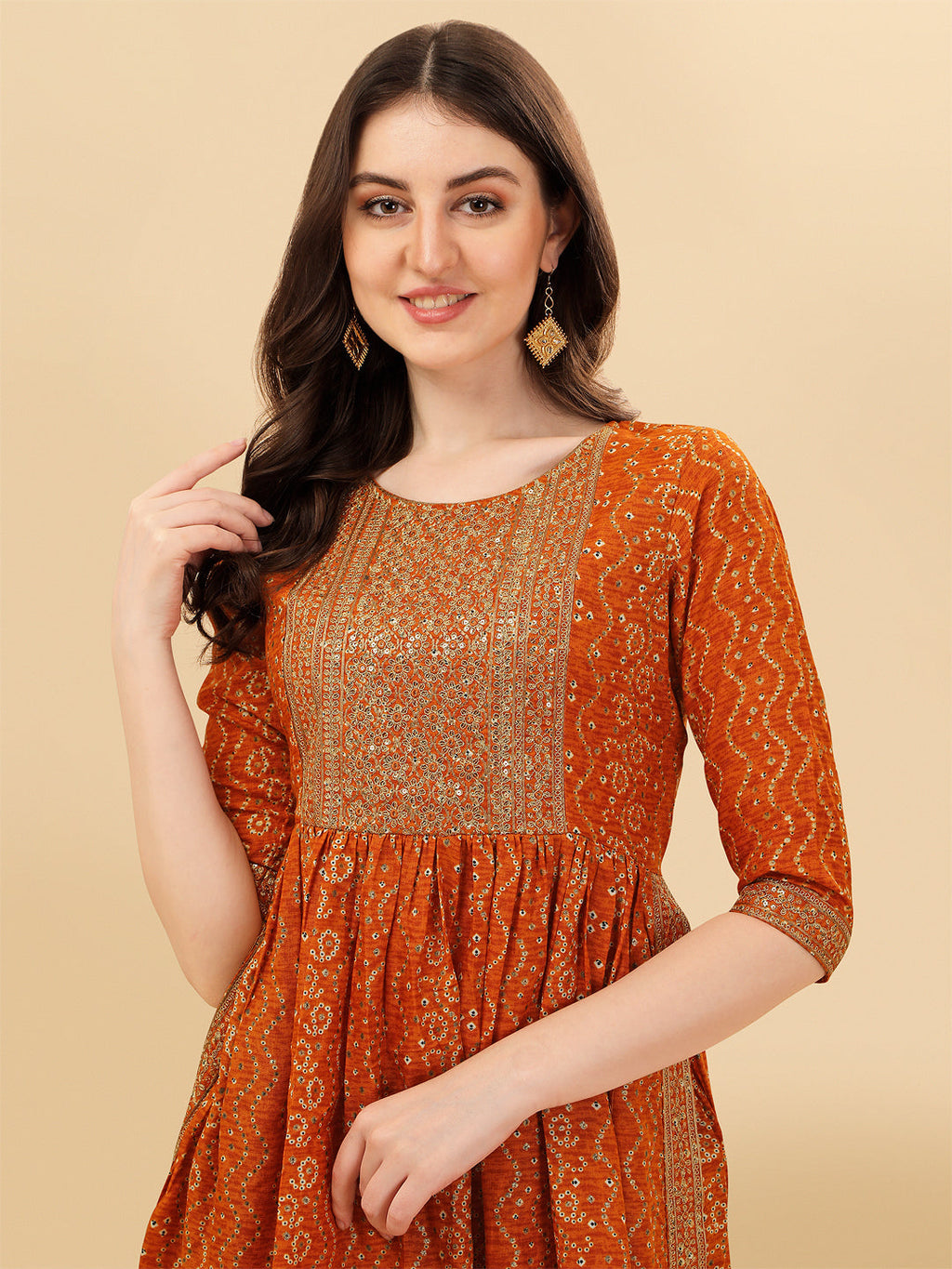 Nayra Cut Bandhani Printed & Embroidered Orange Kurta With Pant & Dupatta Set, Multicolor - Hiral Fashion