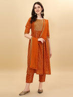 Nayra Cut Bandhani Printed & Embroidered Orange Kurta With Pant & Dupatta Set, Multicolor - Hiral Fashion