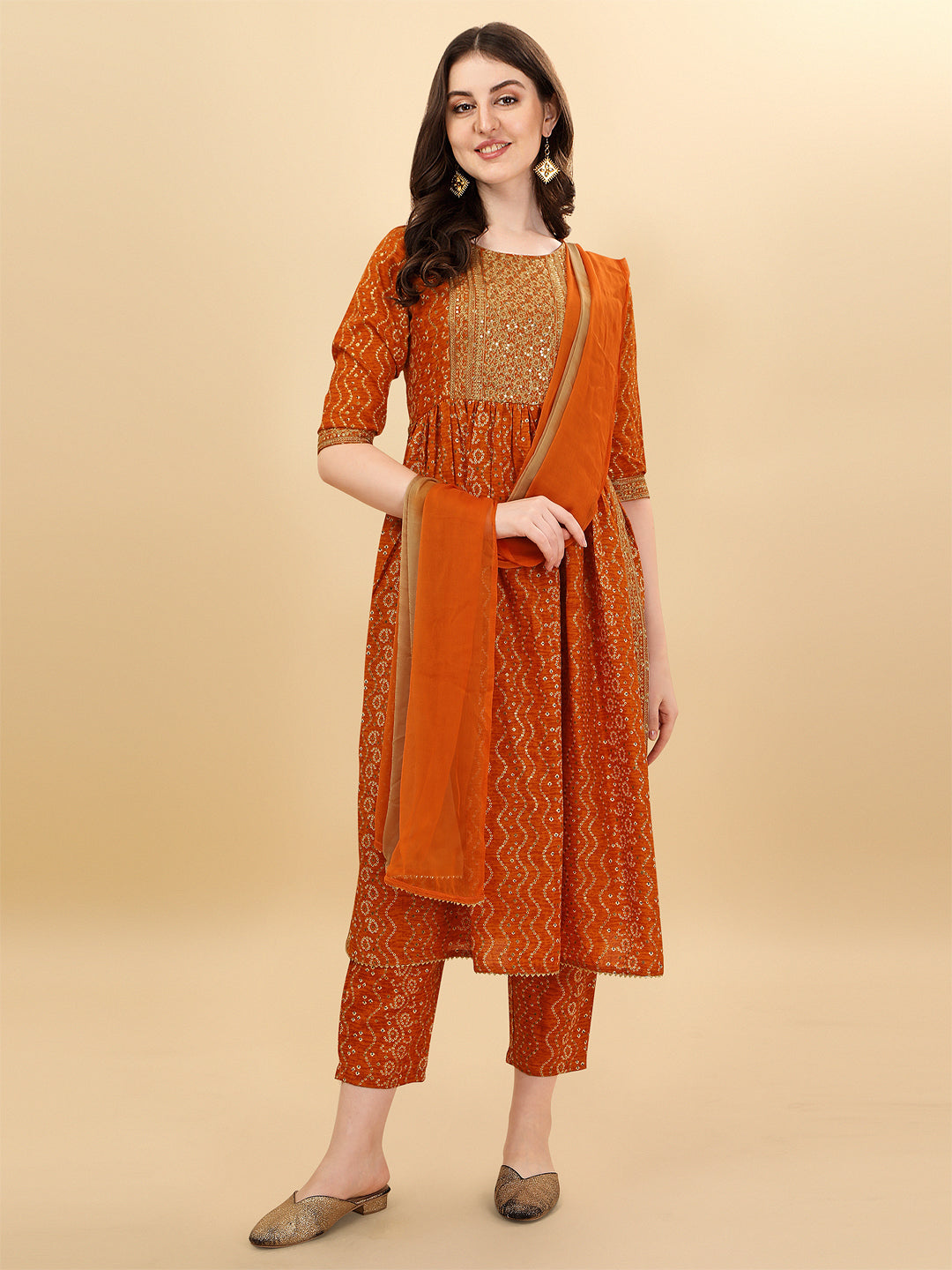 Nayra Cut Bandhani Printed & Embroidered Orange Kurta With Pant & Dupatta Set, Multicolor - Hiral Fashion