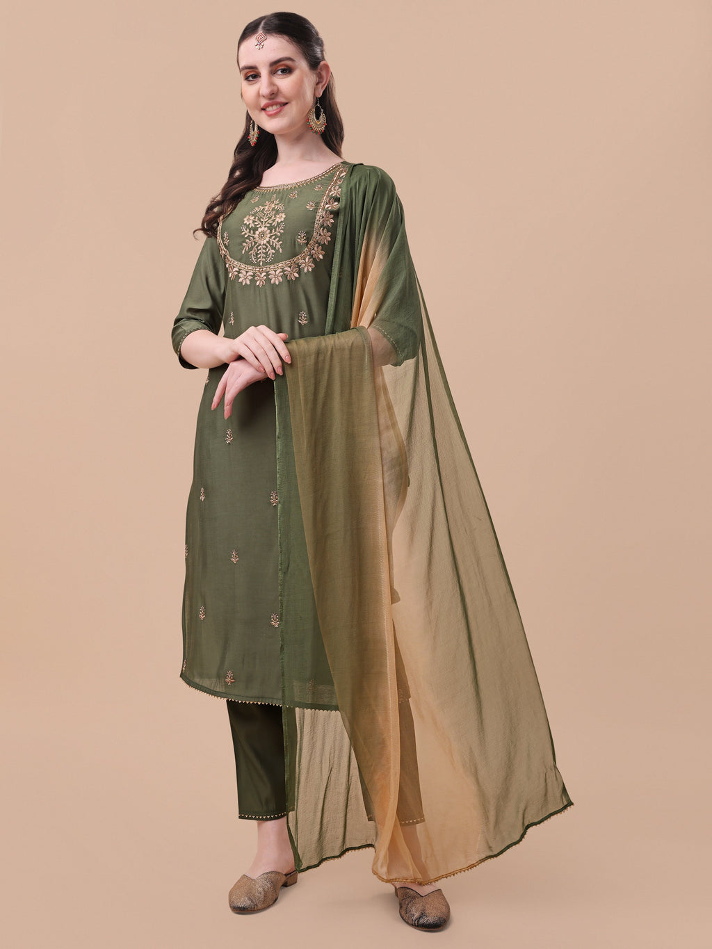 Embroidered Kurta With Pant And Dupatta Set, Multicolor - Hiral Fashion - Distacart