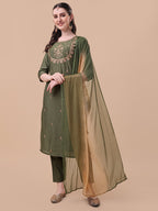Embroidered Kurta With Pant And Dupatta Set, Multicolor - Hiral Fashion - Distacart