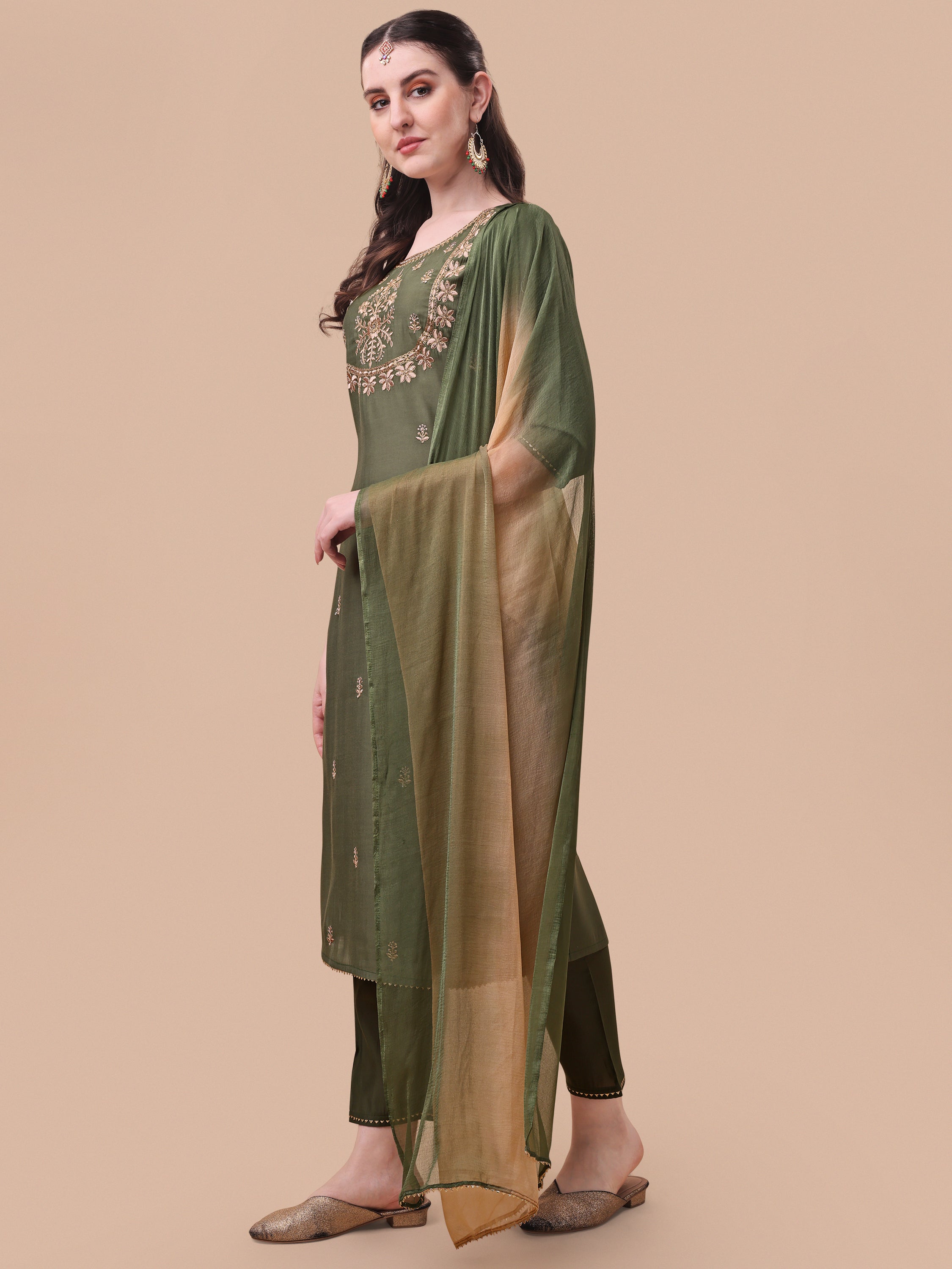 Embroidered Kurta With Pant And Dupatta Set, Multicolor - Hiral Fashion - Distacart