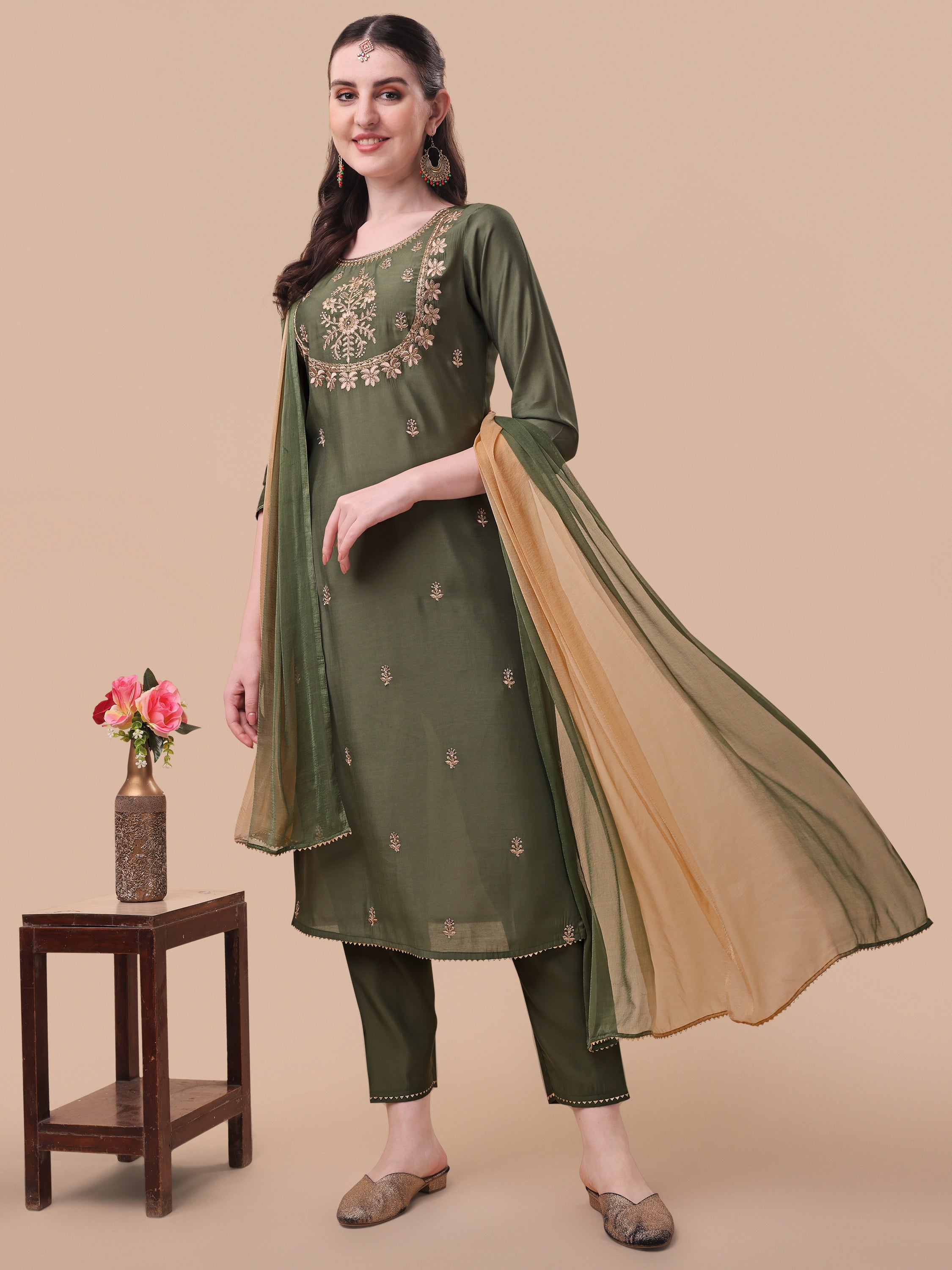 Embroidered Kurta With Pant And Dupatta Set, Multicolor - Hiral Fashion - Distacart
