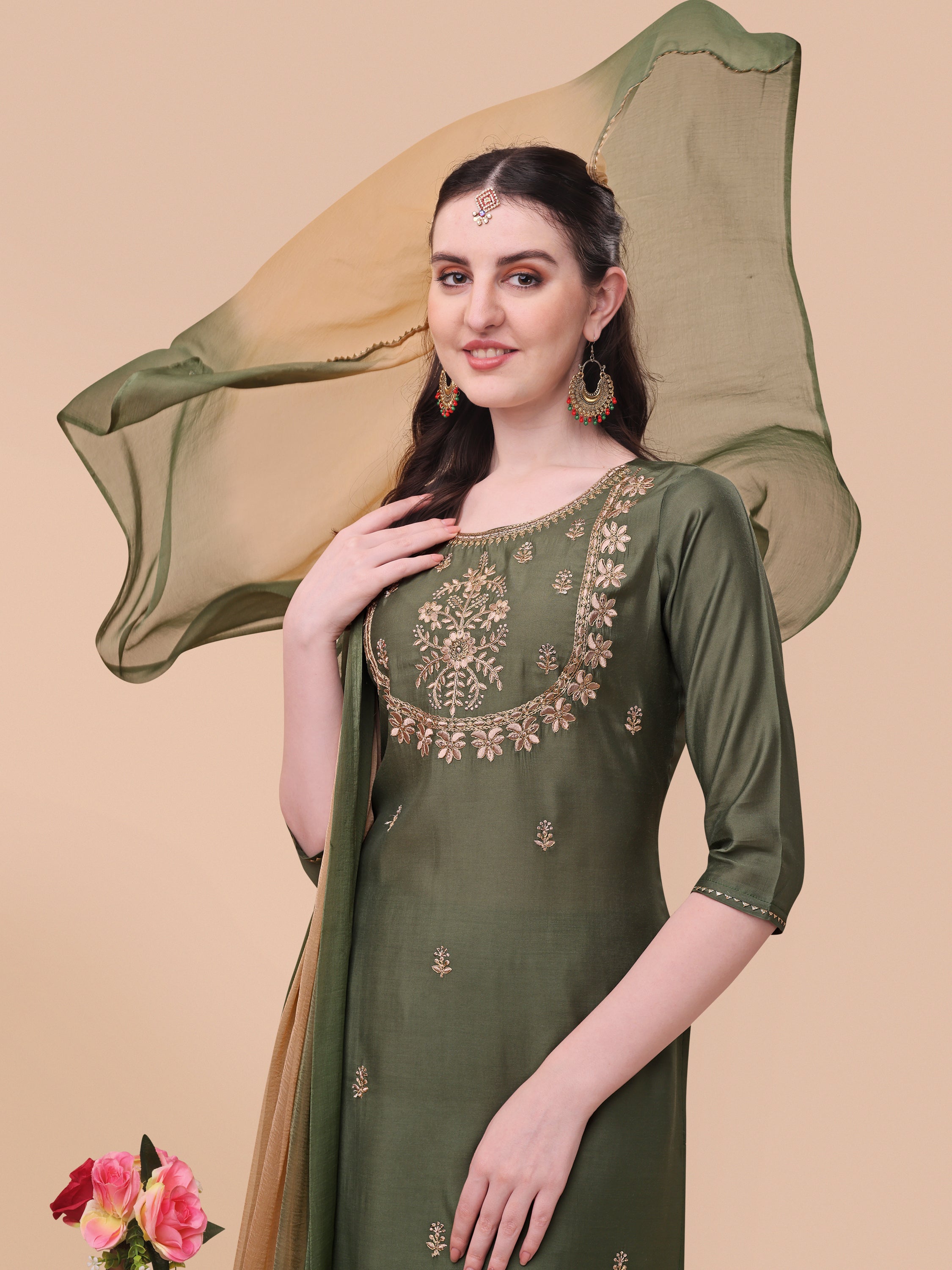 Embroidered Kurta With Pant And Dupatta Set, Multicolor - Hiral Fashion - Distacart