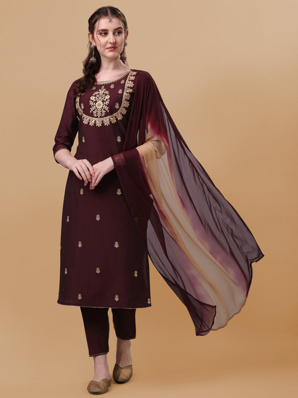 Embroidered Kurta With Pant And Dupatta Set, Multicolor - Hiral Fashion - Distacart