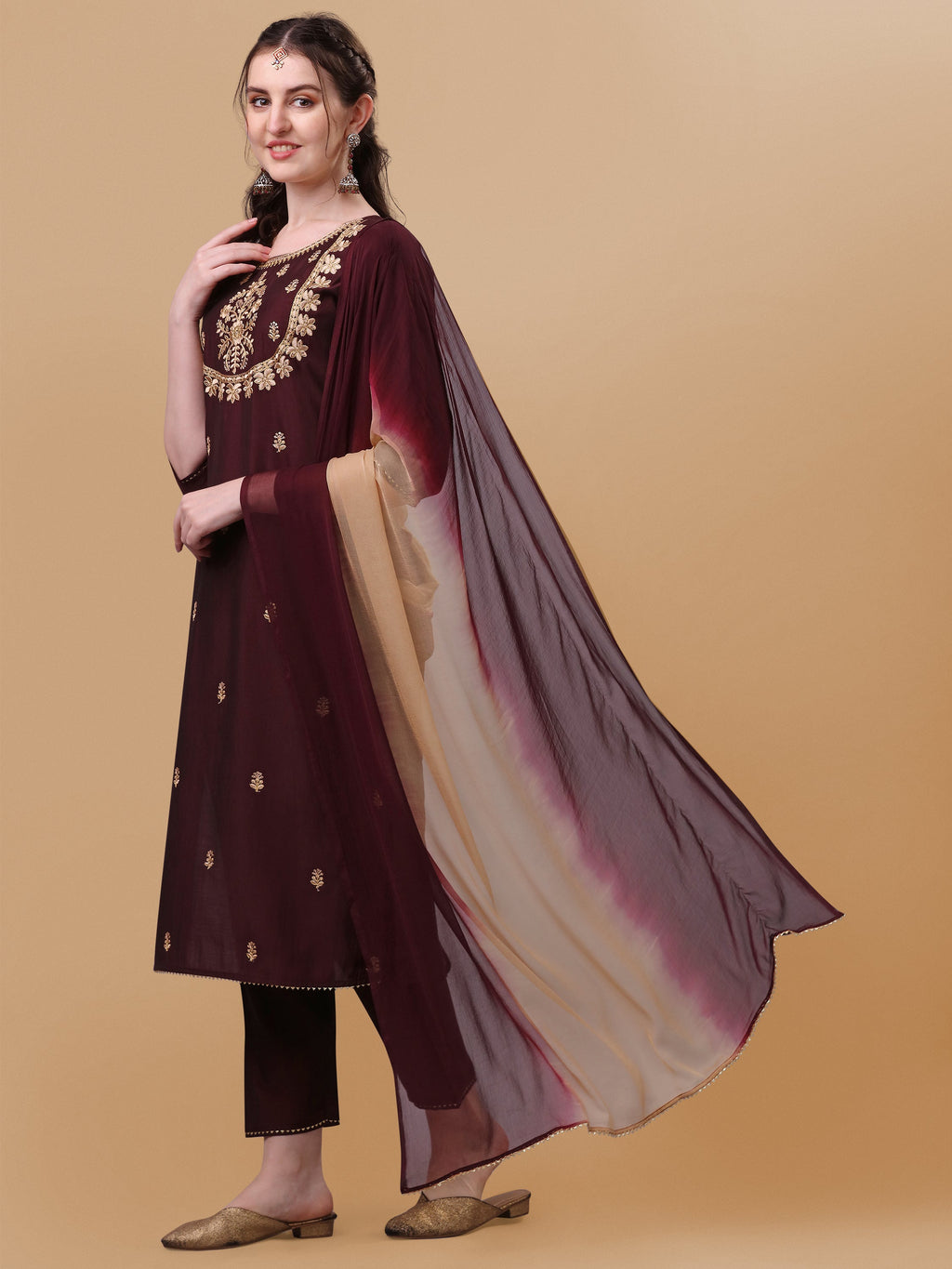 Embroidered Kurta With Pant And Dupatta Set, Multicolor - Hiral Fashion - Distacart