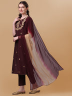 Embroidered Kurta With Pant And Dupatta Set, Multicolor - Hiral Fashion - Distacart