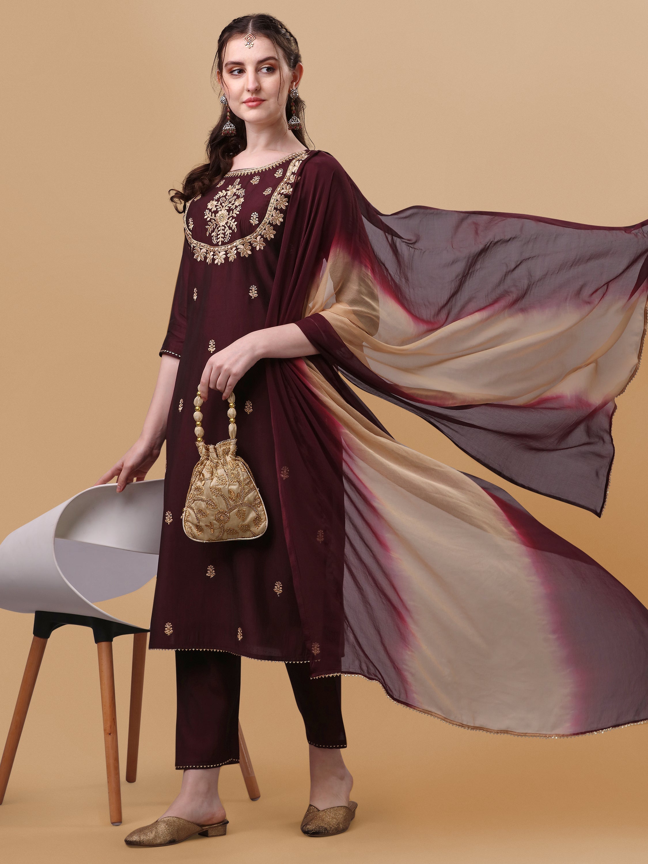 Embroidered Kurta With Pant And Dupatta Set, Multicolor - Hiral Fashion - Distacart