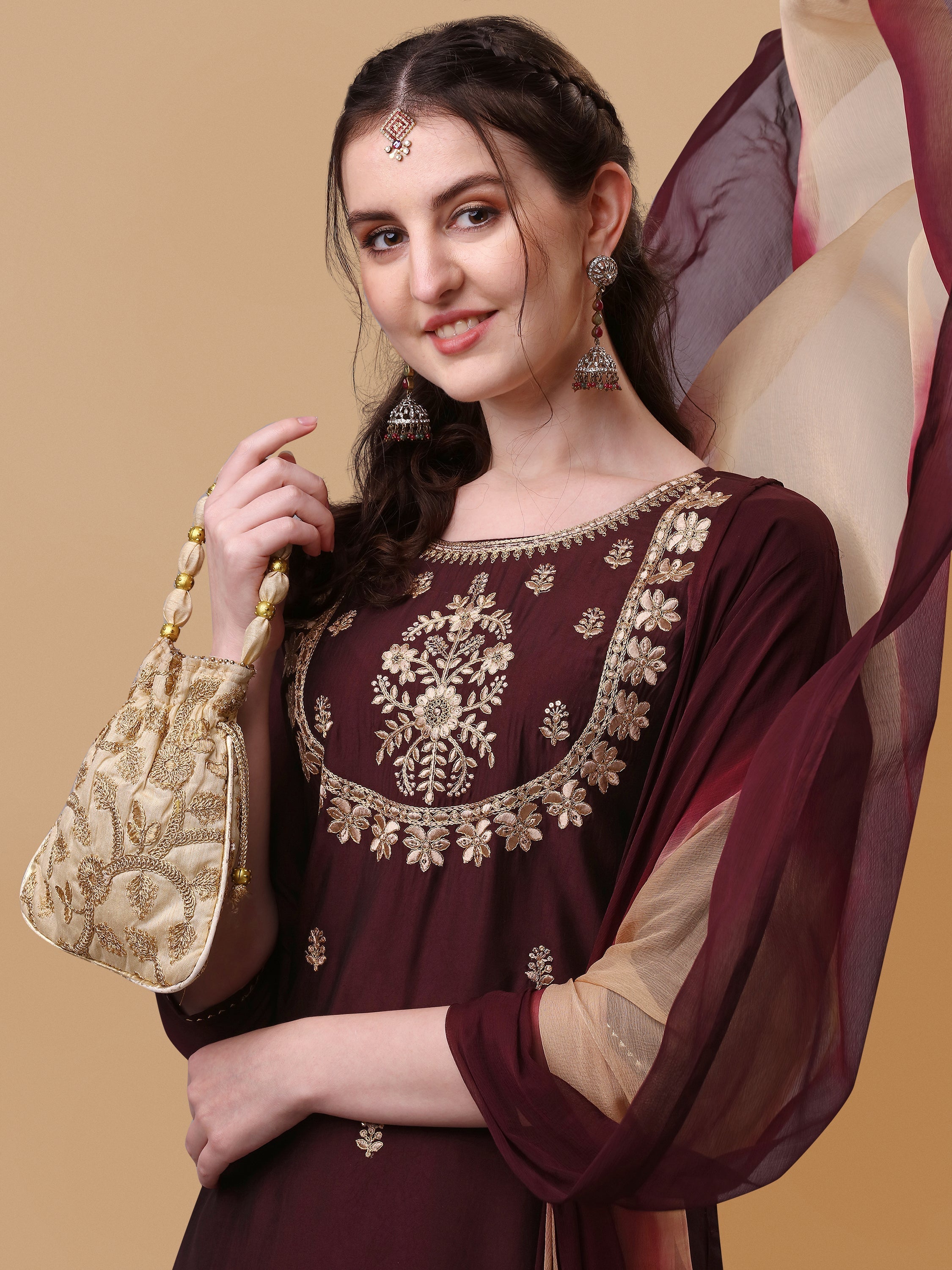 Embroidered Kurta With Pant And Dupatta Set, Multicolor - Hiral Fashion - Distacart