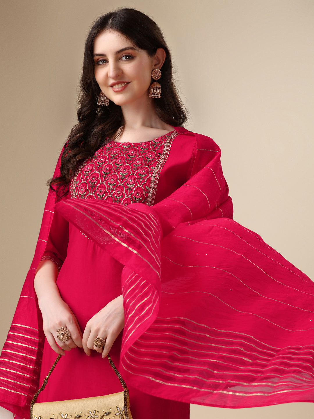 Embroidered Kurta With Pant And Dupatta Set, Multicolor - Hiral Fashion - Distacart