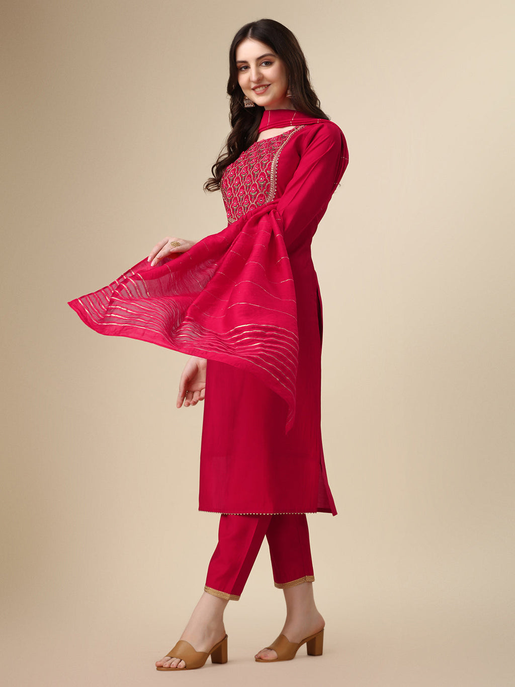 Embroidered Kurta With Pant And Dupatta Set, Multicolor - Hiral Fashion - Distacart