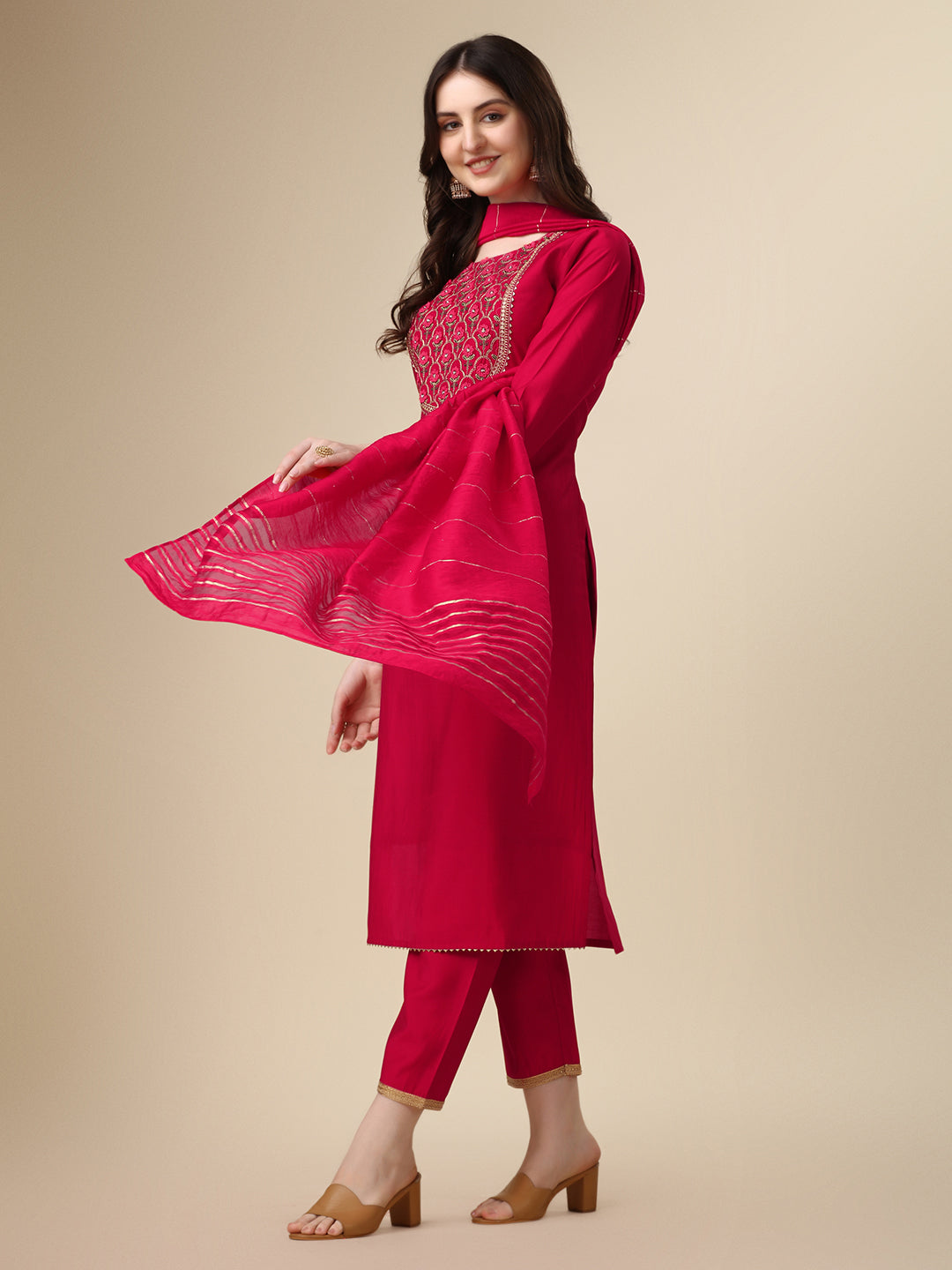Embroidered Kurta With Pant And Dupatta Set, Multicolor - Hiral Fashion - Distacart