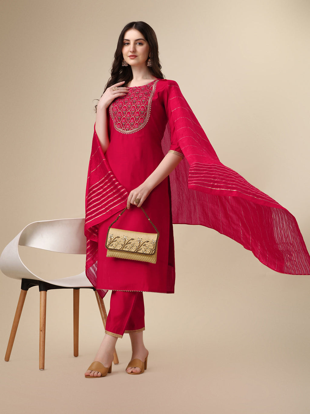 Embroidered Kurta With Pant And Dupatta Set, Multicolor - Hiral Fashion - Distacart