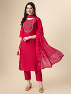 Embroidered Kurta With Pant And Dupatta Set, Multicolor - Hiral Fashion - Distacart