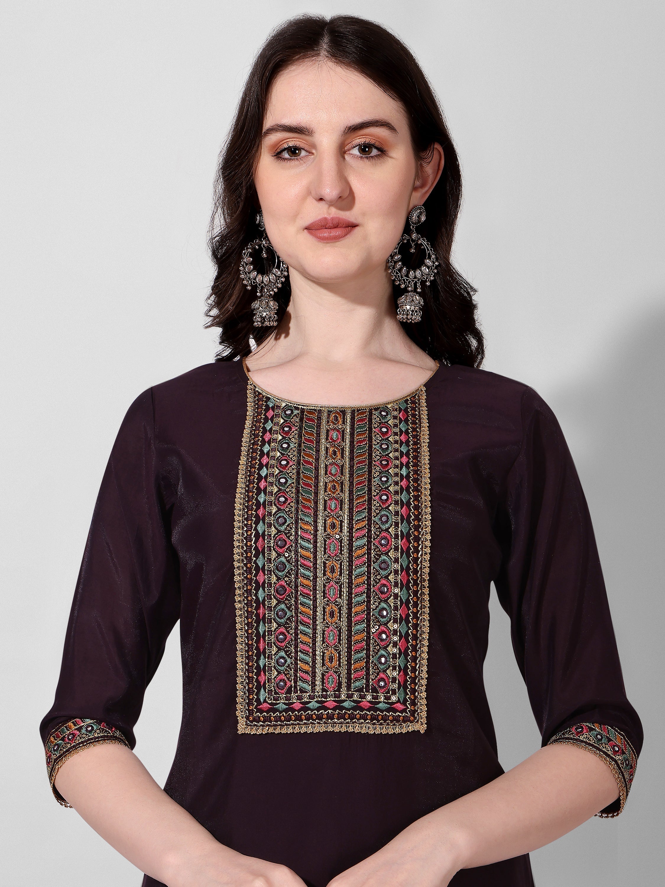 Wine Embroidered Kurta Pant & Dupatta Set, Multicolor - Hiral Fashion - Distacart