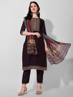 Wine Embroidered Kurta Pant & Dupatta Set, Multicolor - Hiral Fashion - Distacart