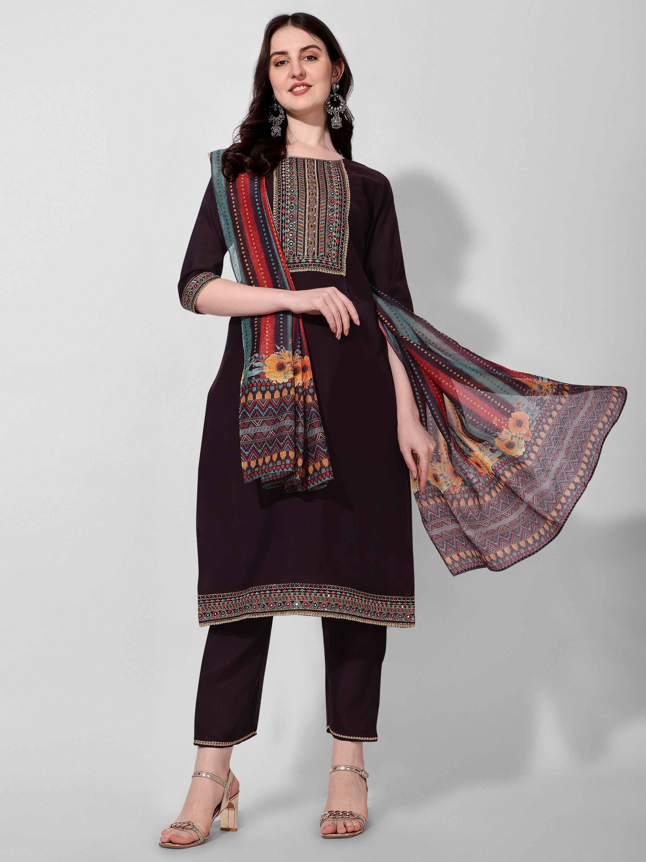 Wine Embroidered Kurta Pant & Dupatta Set, Multicolor - Hiral Fashion - Distacart