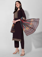 Wine Embroidered Kurta Pant & Dupatta Set, Multicolor - Hiral Fashion - Distacart