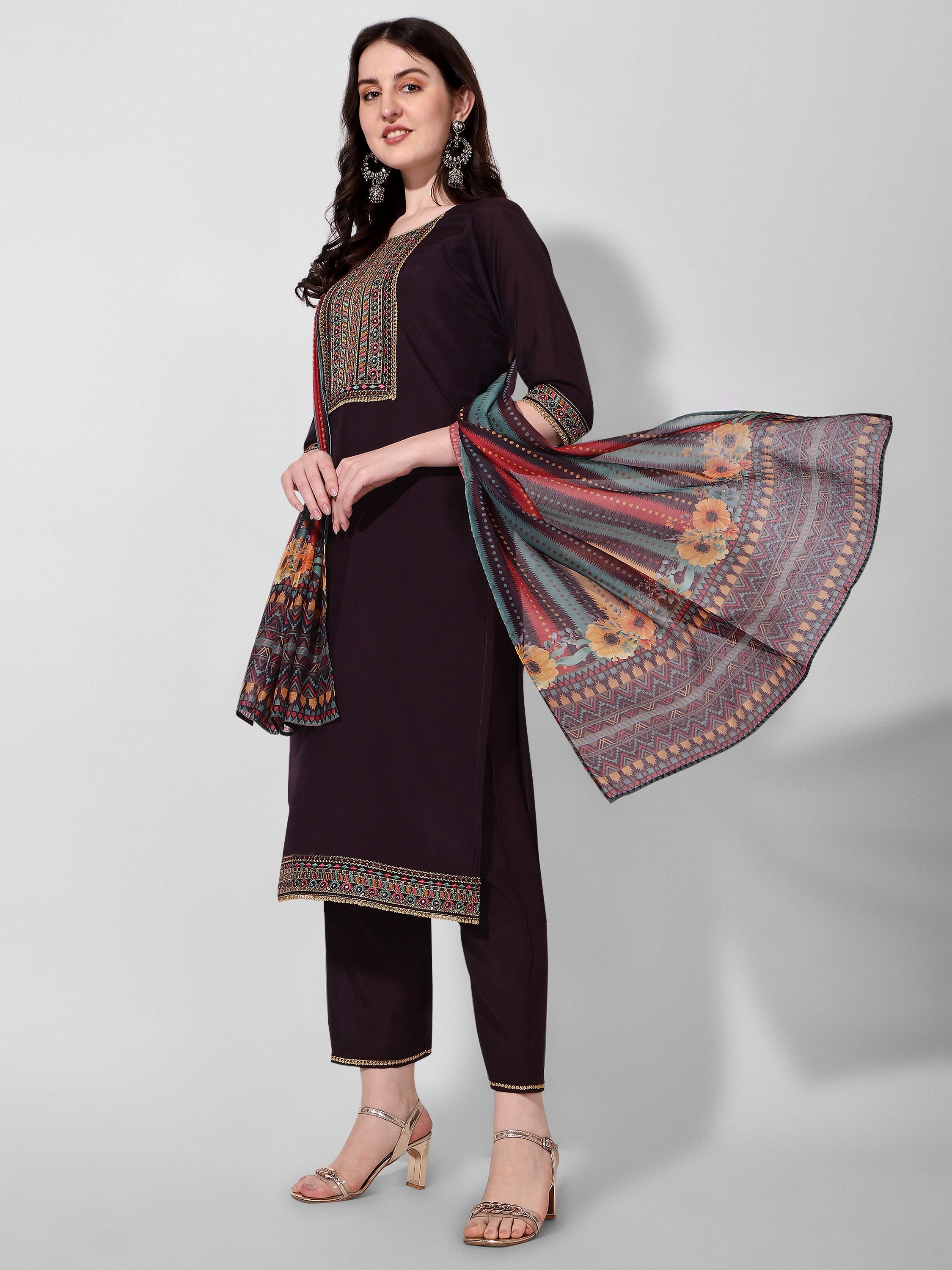 Wine Embroidered Kurta Pant & Dupatta Set, Multicolor - Hiral Fashion - Distacart