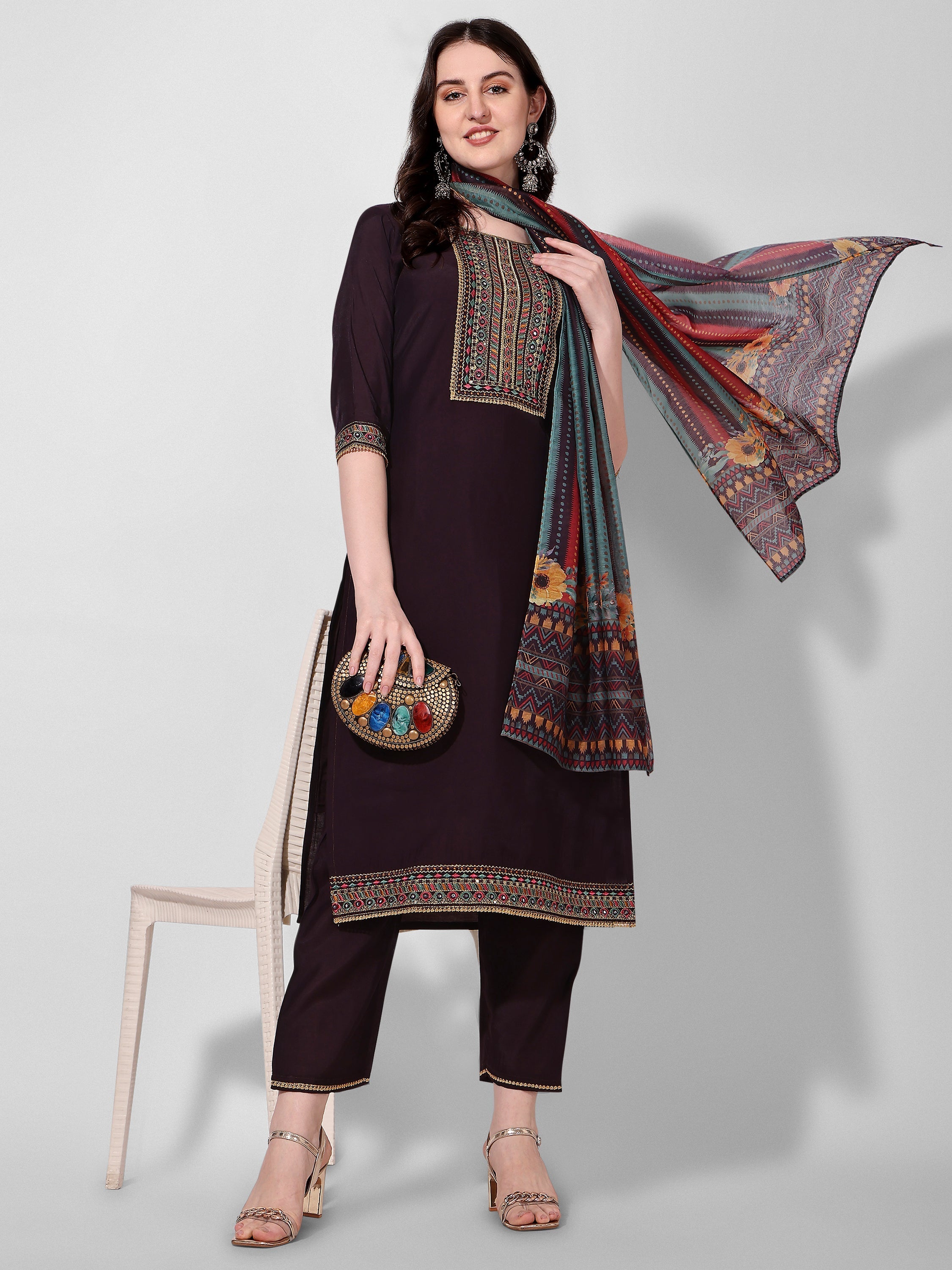 Wine Embroidered Kurta Pant & Dupatta Set, Multicolor - Hiral Fashion - Distacart