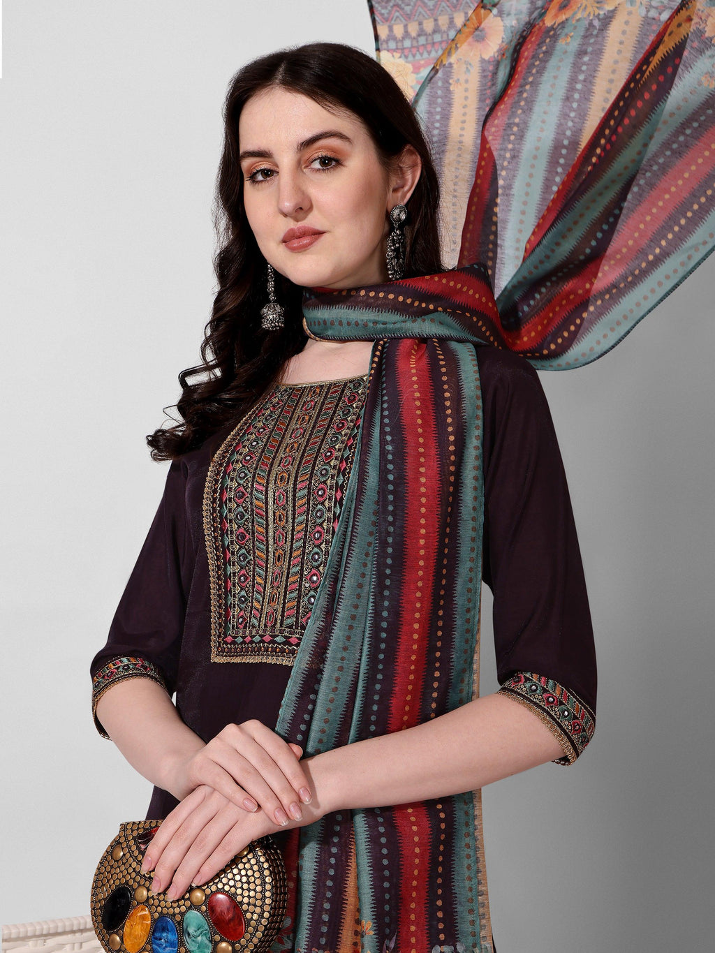 Wine Embroidered Kurta Pant & Dupatta Set, Multicolor - Hiral Fashion - Distacart