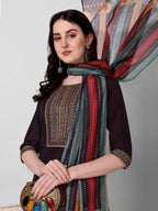 Wine Embroidered Kurta Pant & Dupatta Set, Multicolor - Hiral Fashion - Distacart