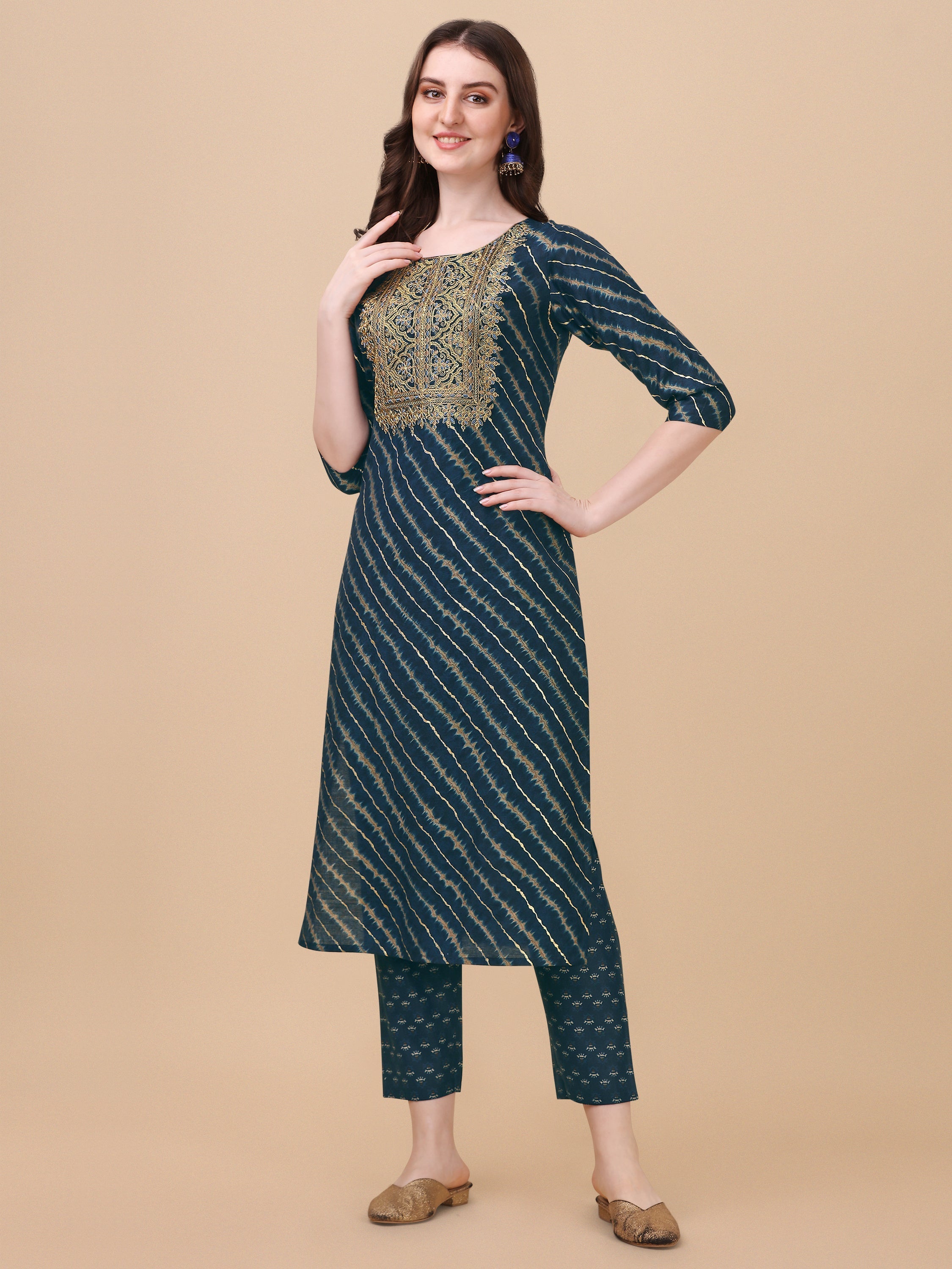 Leheriya Printed & Embroidered Kurta With Pant & Dupatta Set, Multicolor - Hiral Fashion - Distacart