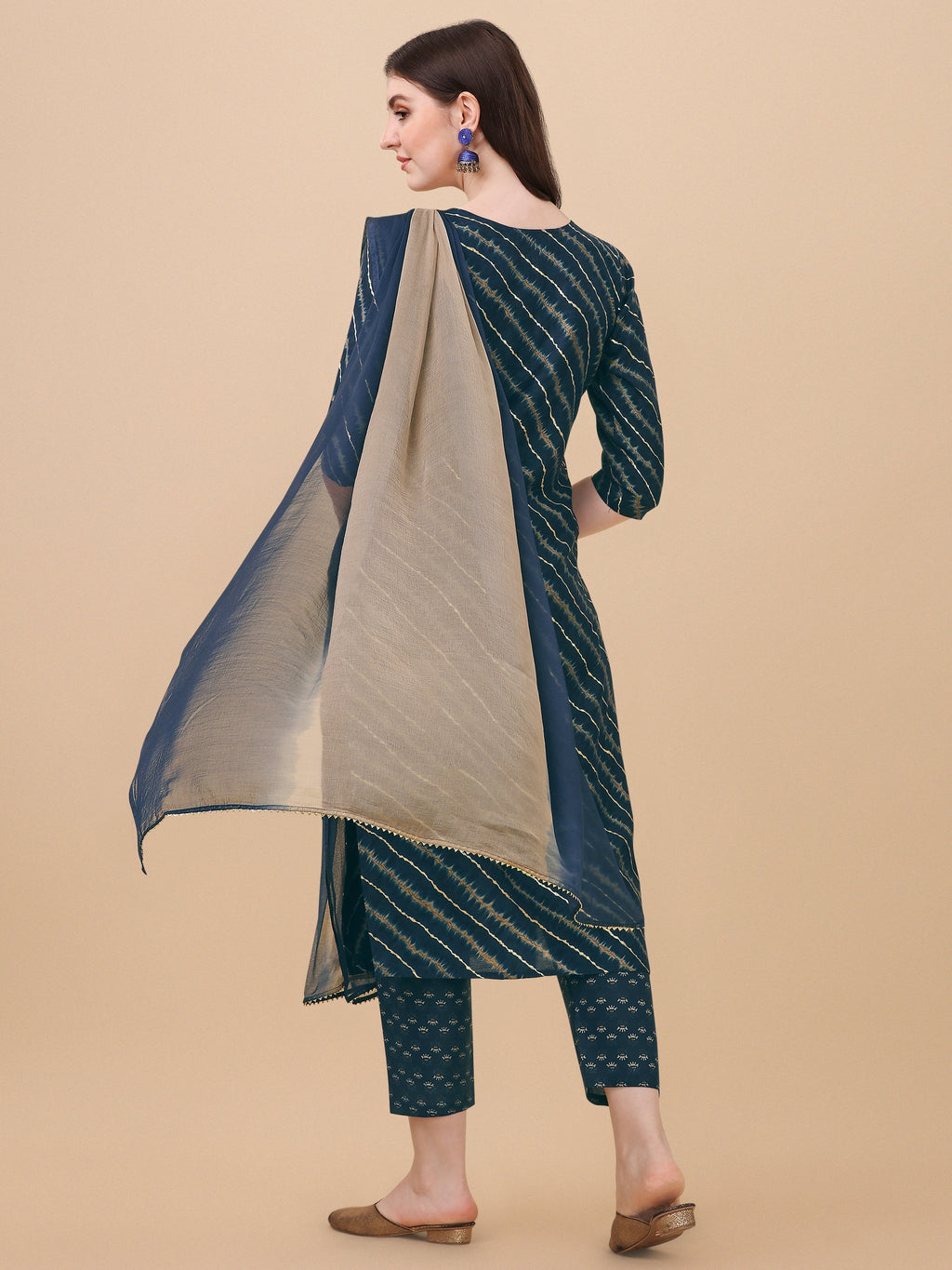 Leheriya Printed & Embroidered Kurta With Pant & Dupatta Set, Multicolor - Hiral Fashion - Distacart