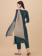 Leheriya Printed & Embroidered Kurta With Pant & Dupatta Set, Multicolor - Hiral Fashion - Distacart